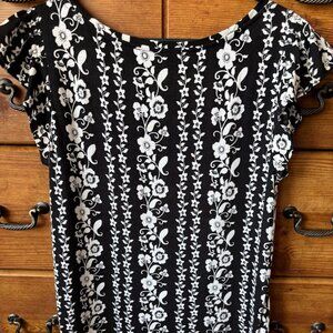 LOFT Mixed Media Floral Top with Flutter Cap Sleeves